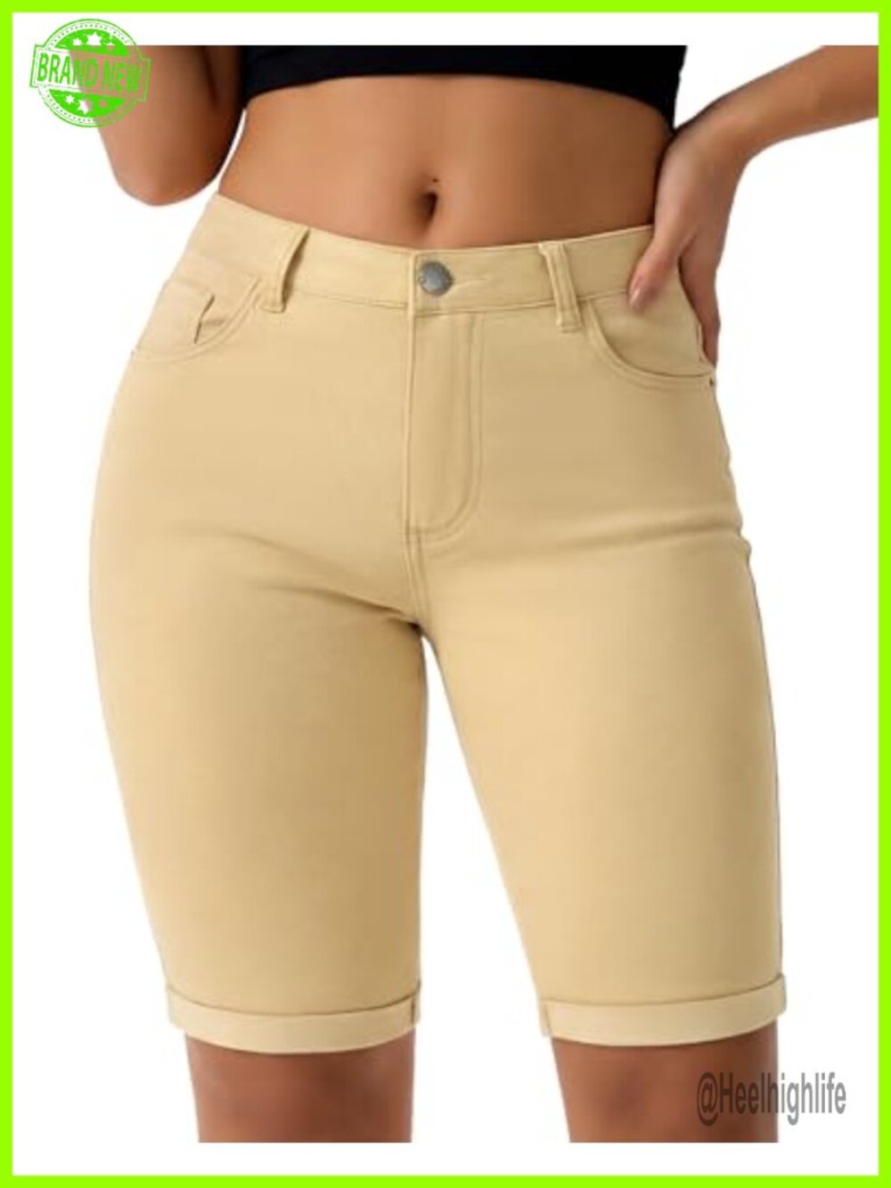 Mid Rise Roll Cuff Bermuda Stretch Denim Jean Shorts